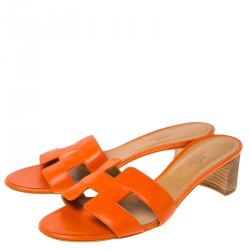 Hermes Orange Leather Oasis Slides Size 40