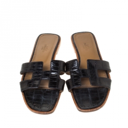 Hermes Black Crocodile Oran Flat Slides Size 39