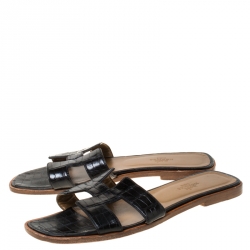 Hermes Black Crocodile Oran Flat Slides Size 39