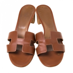 Pre Owned Hermes Brown Leather Oasis Slides Size 40