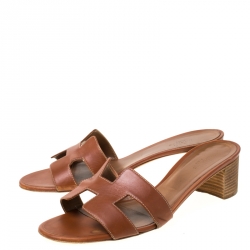 Pre Owned Hermes Brown Leather Oasis Slides Size 40