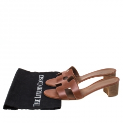 Pre Owned Hermes Brown Leather Oasis Slides Size 40