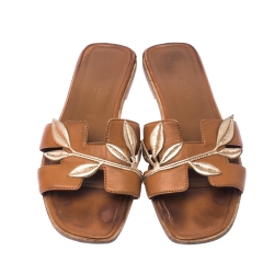 Hermès Brown Leather Gold Leaves Oran Flat Slides Size 40