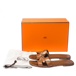 Herm�ès Brown Leather Gold Leaves Oran Flat Slides Size 40