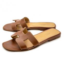 Pre Owned Hermes Brown Leather Oran Box Leather Sandals Size 37
