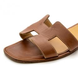 Pre Owned Hermes Brown Leather Oran Box Leather Sandals Size 37