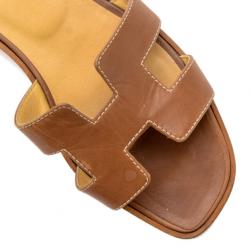 Pre Owned Hermes Brown Leather Oran Box Leather Sandals Size 37
