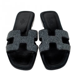 Pre Owned Hermes Black Crystal Embellished Suede Oran Sandals Size 38.5