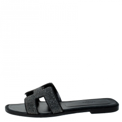 Pre Owned Hermes Black Crystal Embellished Suede Oran Sandals Size 38.5