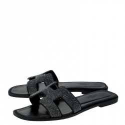 Pre Owned Hermes Black Crystal Embellished Suede Oran Sandals Size 38.5