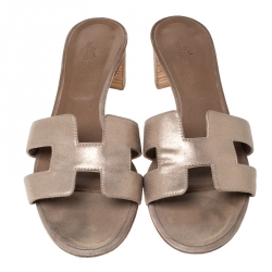 Hermes Beige Metallic Textured Nubuck Leather Oran Sandals Size 41