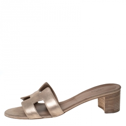 Hermes Beige Metallic Textured Nubuck Leather Oran Sandals Size 41