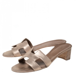 Hermes Beige Metallic Textured Nubuck Leather Oran Sandals Size 41