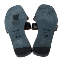 Pre Owned Hermes Black Leather Oran Slip On Slide Size 38.5