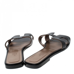 Pre Owned Hermes Black Leather Oran Slip On Slide Size 38.5