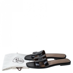 Pre Owned Hermes Black Leather Oran Slip On Slide Size 38.5