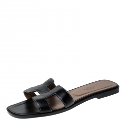 Pre Owned Hermes Black Leather Oran Slip On Slide Size 38.5