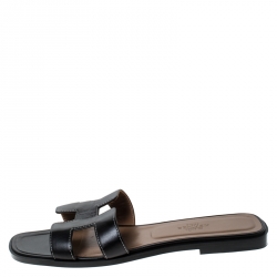 Pre Owned Hermes Black Leather Oran Slip On Slide Size 38.5