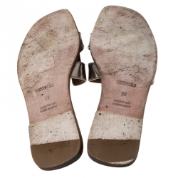 Hermes Dark Beige Patent Leather Oran Flat Slides Size 36