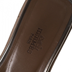 Hermes Dark Beige Patent Leather Oran Flat Slides Size 36