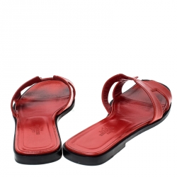 Hermes Red Patent Leather Oran Flat Slides Size 38.5