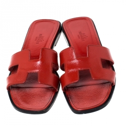 Hermes Red Patent Leather Oran Flat Slides Size 38.5