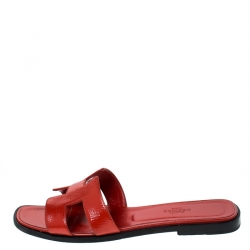Hermes Red Patent Leather Oran Flat Slides Size 38.5