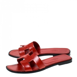 Hermes Red Patent Leather Oran Flat Slides Size 38.5