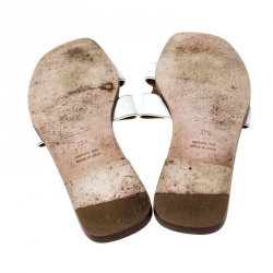 Hermes White Leather Oran Slide Sandals Size 37.5
