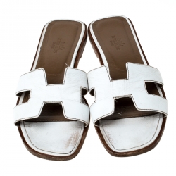Hermes White Leather Oran Slide Sandals Size 37.5