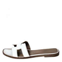 Hermes White Leather Oran Slide Sandals Size 37.5