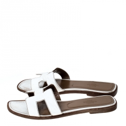 Hermes White Leather Oran Slide Sandals Size 37.5