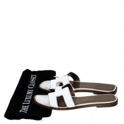 Hermes White Leather Oran Slide Sandals Size 37.5