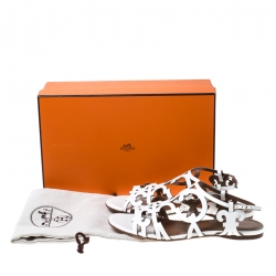 Pre Owned Hermes White Leather Karlotta Cut Out Flat Sandals Size 36.5