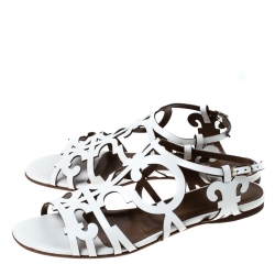 Pre Owned Hermes White Leather Karlotta Cut Out Flat Sandals Size 36.5