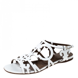 Pre Owned Hermes White Leather Karlotta Cut Out Flat Sandals Size 36.5