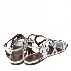 Pre Owned Hermes White Leather Karlotta Cut Out Flat Sandals Size 36.5