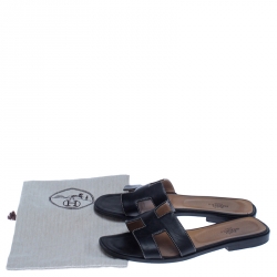 Hermes Black Leather Oran Flat Slides Size 37