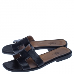 Hermes Black Leather Oran Flat Slides Size 37