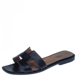 Hermes Black Leather Oran Flat Slides Size 37