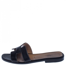 Hermes Black Leather Oran Flat Slides Size 37