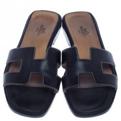 Hermes Black Leather Oran Flat Slides Size 37