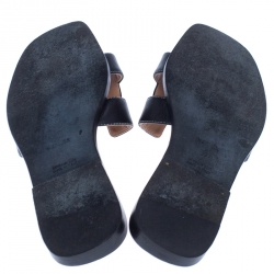 Hermes Black Leather Oran Flat Slides Size 37