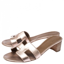 Pre Owned Hermes Metallic Bronze Leather Oasis Slide Sandals Size 39.5