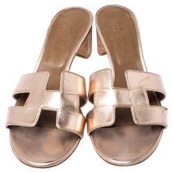 Pre Owned Hermes Metallic Bronze Leather Oasis Slide Sandals Size 39.5