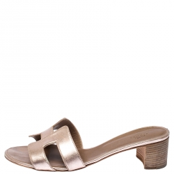 Pre Owned Hermes Metallic Bronze Leather Oasis Slide Sandals Size 39.5