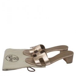 Pre Owned Hermes Metallic Bronze Leather Oasis Slide Sandals Size 39.5