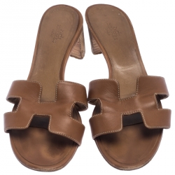 Pre Owned Hermes Brown Calf Leather Oasis Slide Sandals