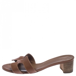 Pre Owned Hermes Brown Calf Leather Oasis Slide Sandals
