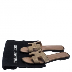 Hermes Beige Crystal Suede Oran Flat Slides Size 39